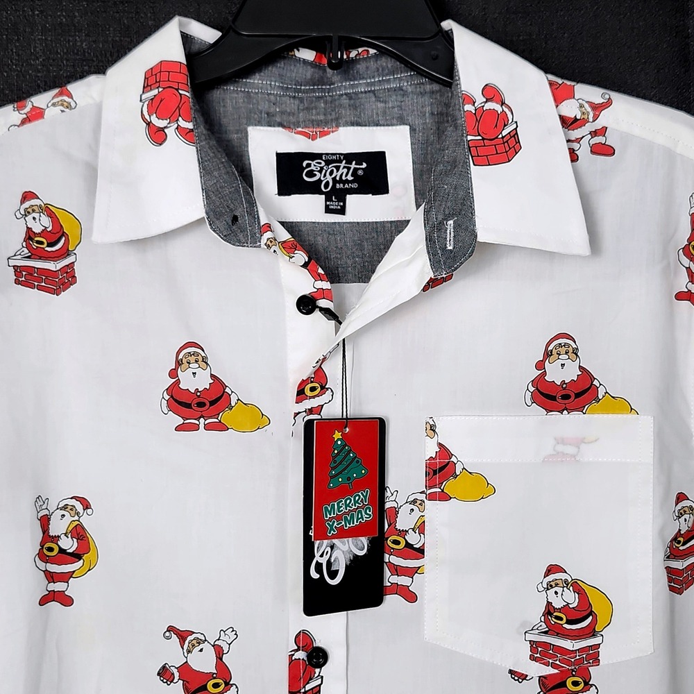 Eighty Eight‎ Brand Santa Claus Print Short Sleeve Button Up Shirt Mens Large